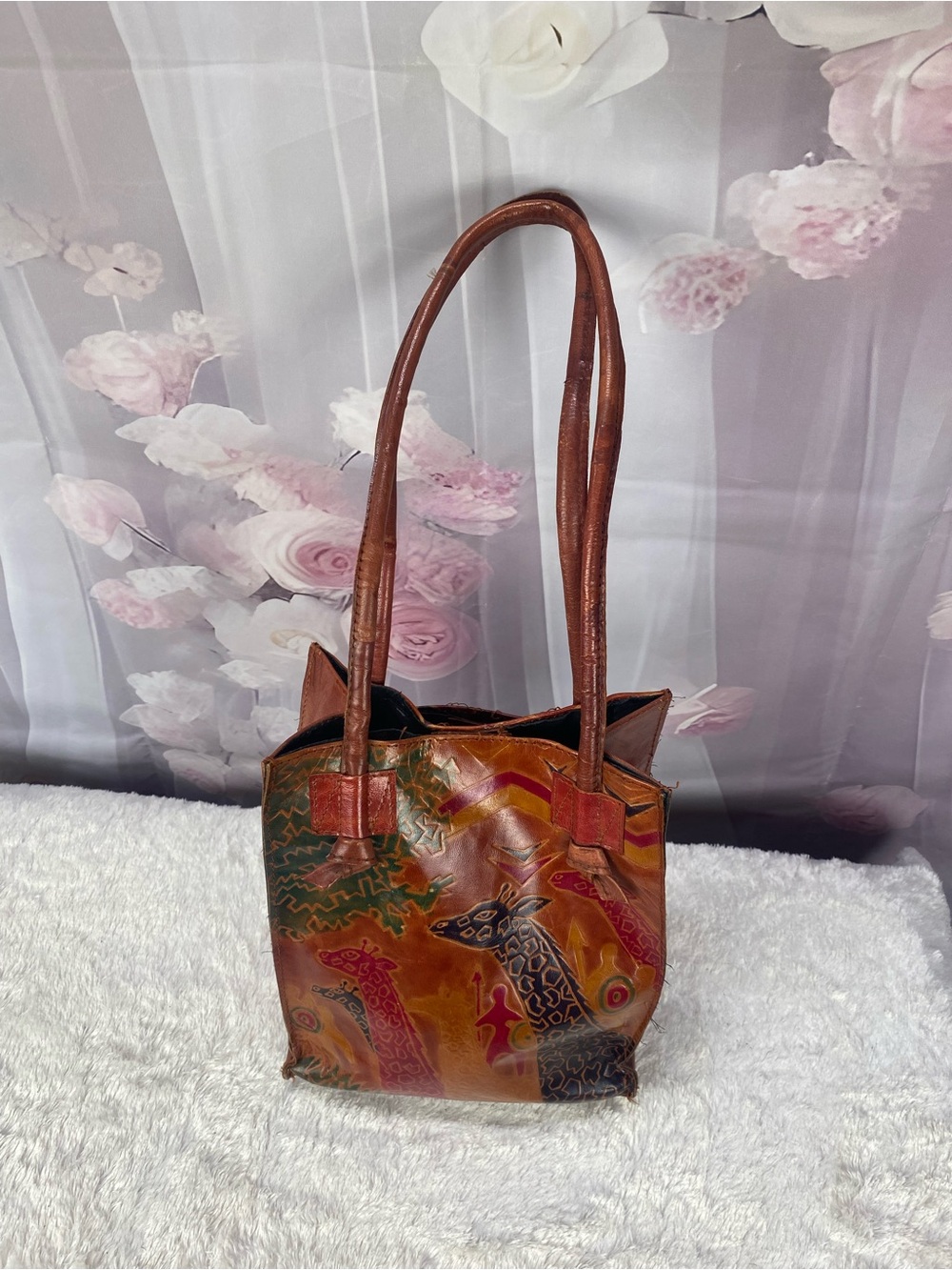 Hand-Painted Brown Leather Tote Bag with Animal Motif vintage